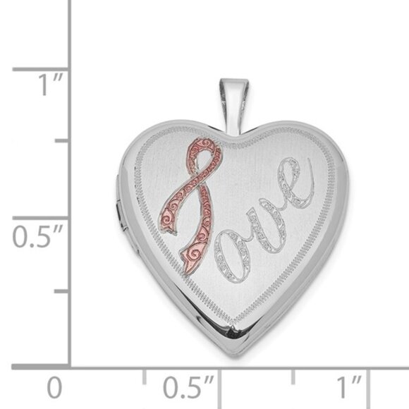 925 Sterling Silver Pink Enamel Ribbon Heart Locket Cancer Awareness Pendant - Picture 2 of 5